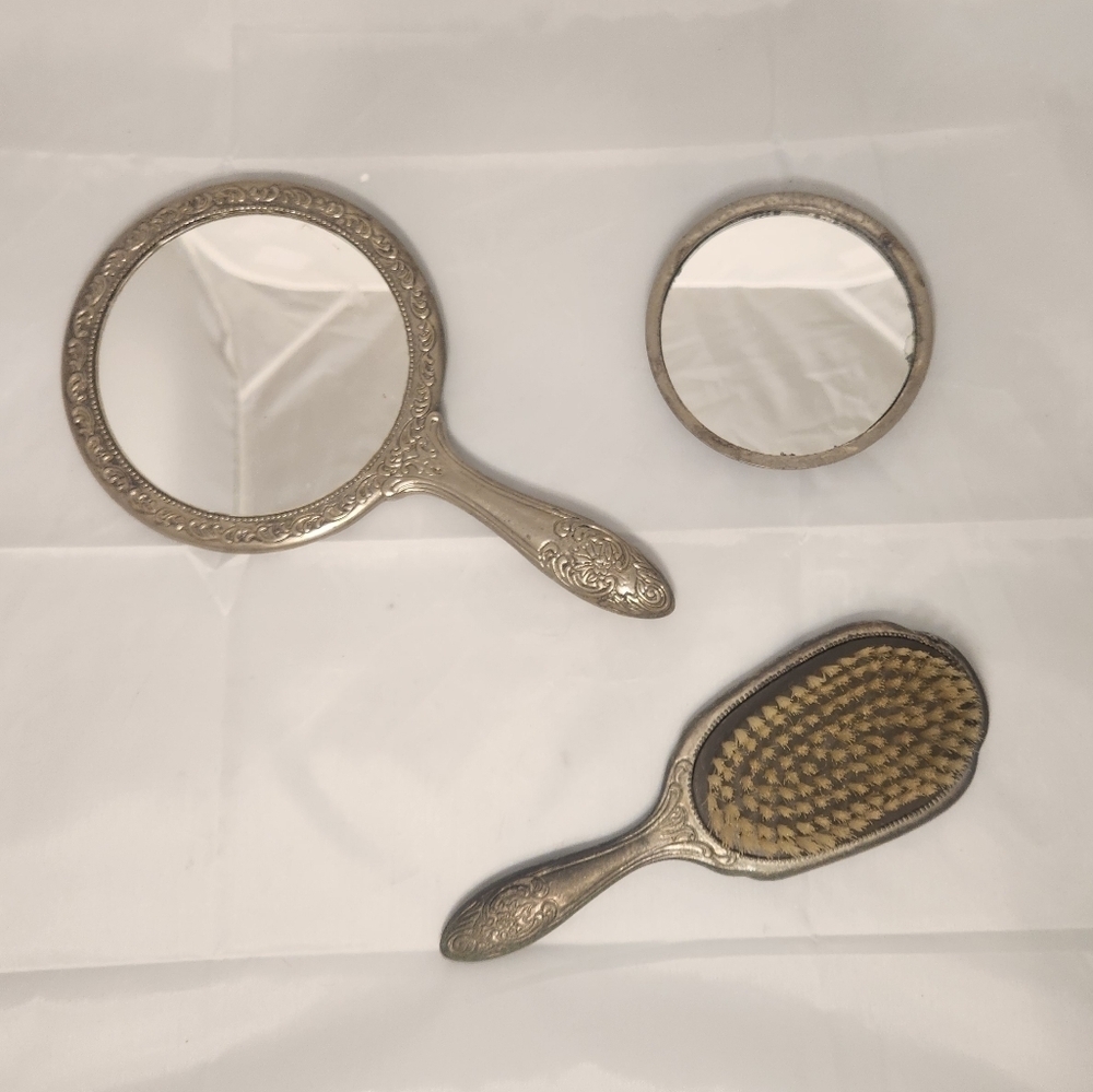 Vintage 3 Piece Sterling Silver Hand Held Mirror, Pocket Mirror and Hair…